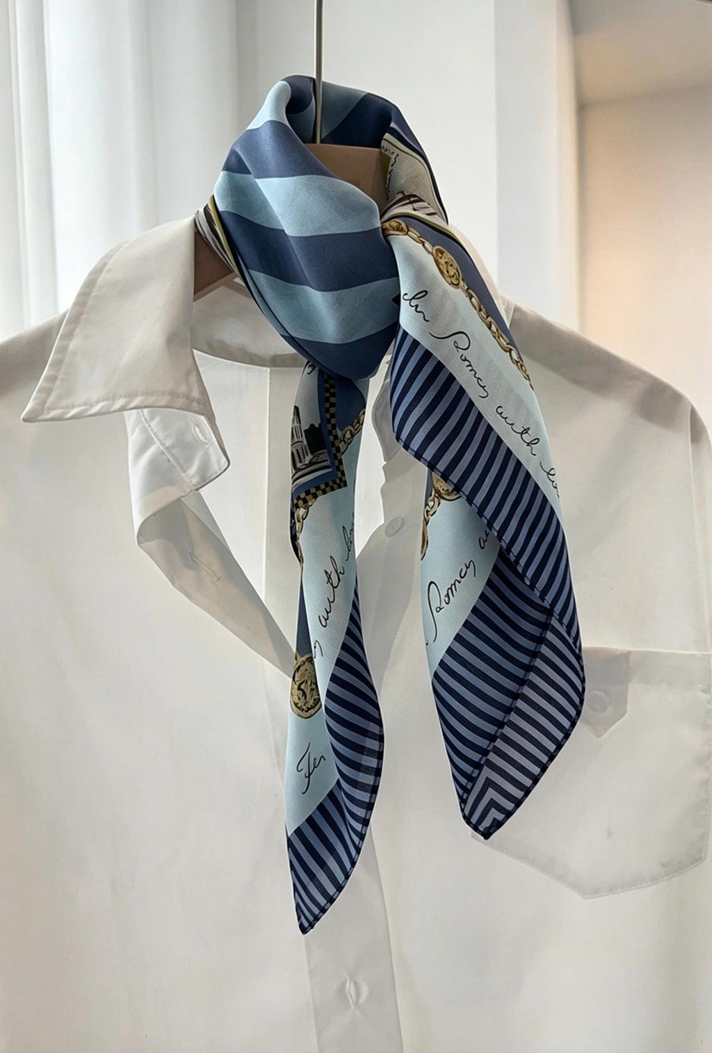 100% Mulberry Silk Scarf 26"x26" 65x65cm, Retro Stamp Dusty Blue Silk Square Scarf Women Crepe de Chine Neck Hair Scarf Chic Summer Bandana