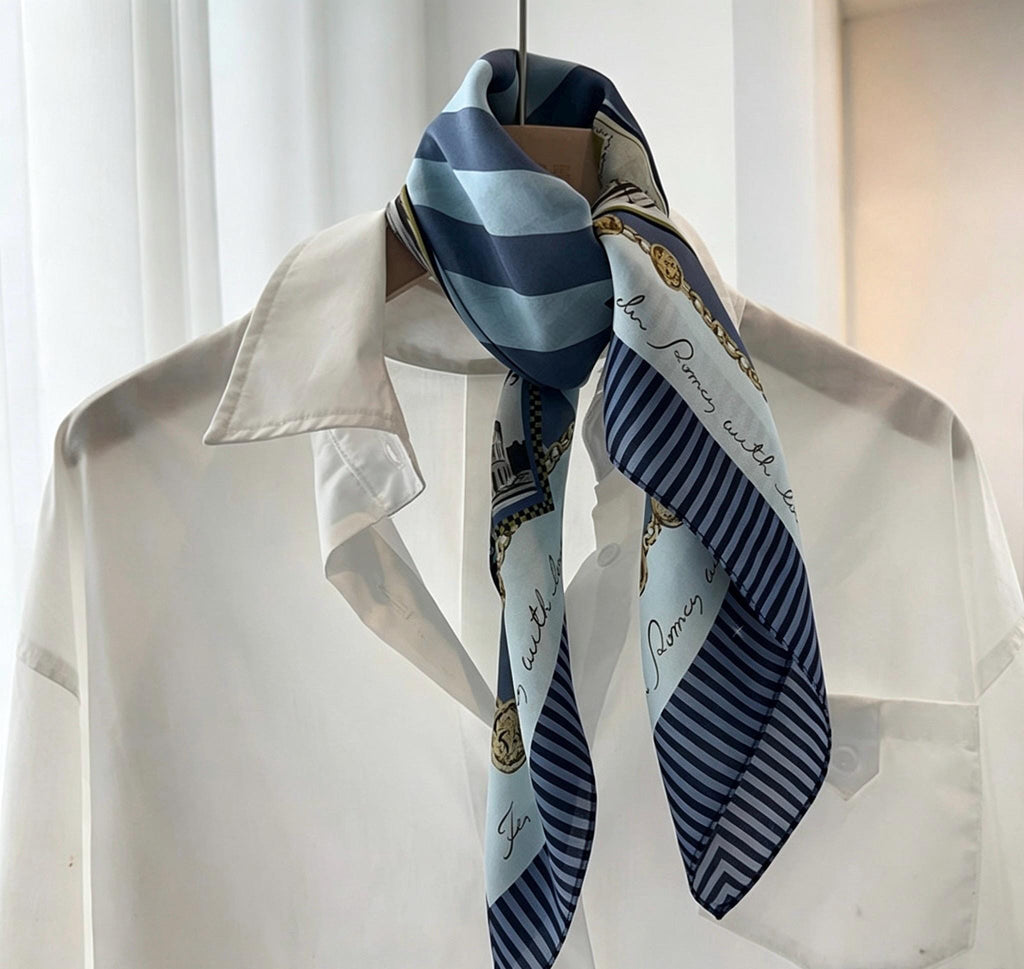 100% Mulberry Silk Scarf 26"x26" 65x65cm, Retro Stamp Dusty Blue Silk Square Scarf Women Crepe de Chine Neck Hair Scarf Chic Summer Bandana