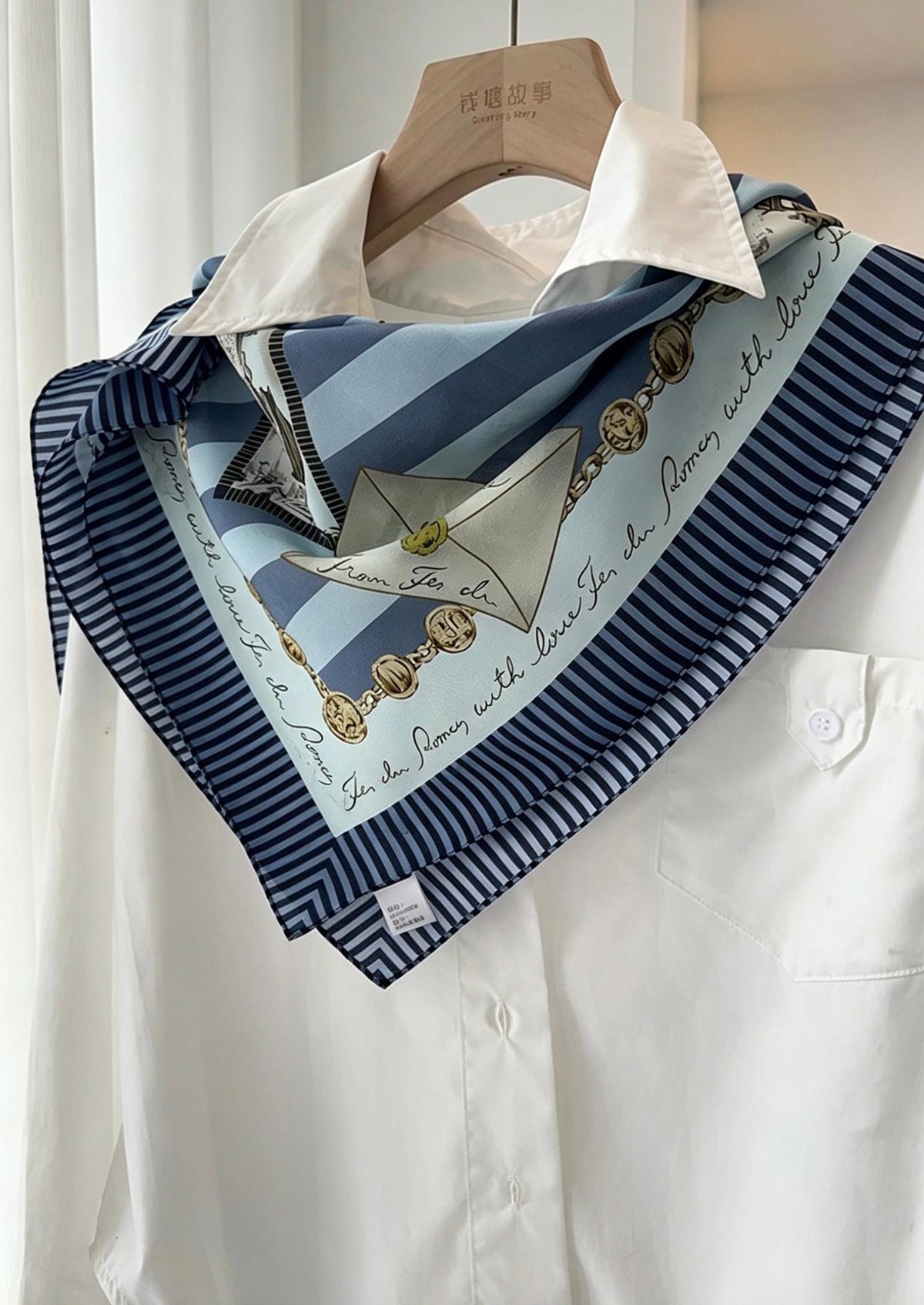 100% Mulberry Silk Scarf 26"x26" 65x65cm, Retro Stamp Dusty Blue Silk Square Scarf Women Crepe de Chine Neck Hair Scarf Chic Summer Bandana