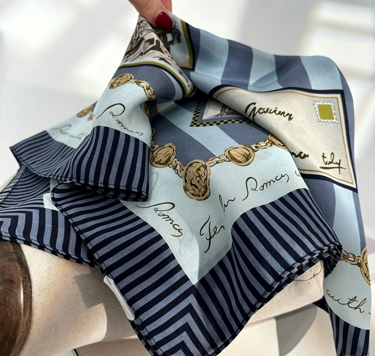100% Mulberry Silk Scarf 26"x26" 65x65cm, Retro Stamp Dusty Blue Silk Square Scarf Women Crepe de Chine Neck Hair Scarf Chic Summer Bandana