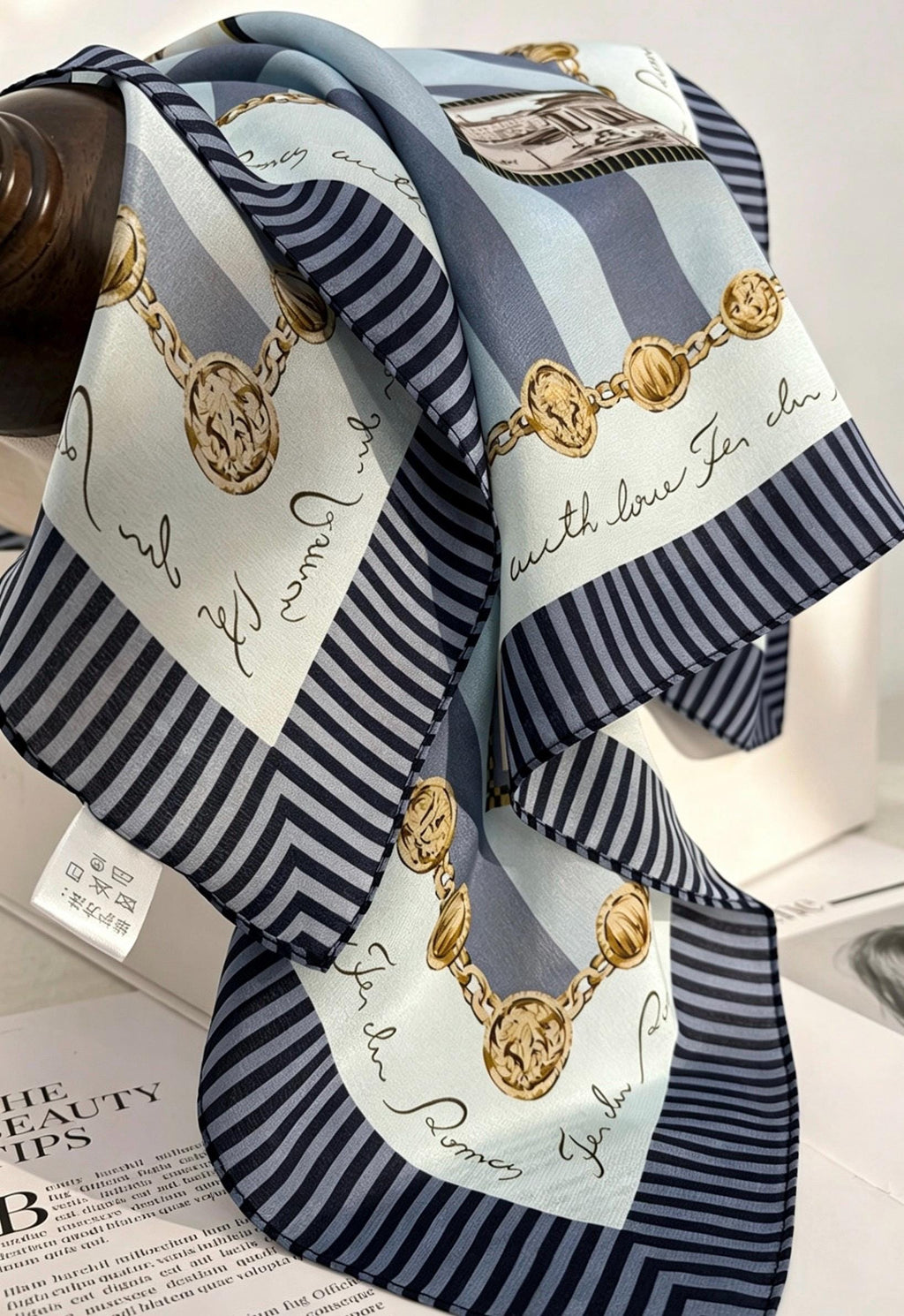 100% Mulberry Silk Scarf 26"x26" 65x65cm, Retro Stamp Dusty Blue Silk Square Scarf Women Crepe de Chine Neck Hair Scarf Chic Summer Bandana