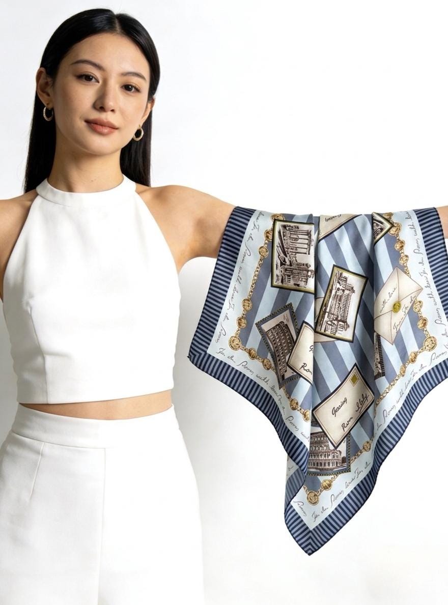 100% Mulberry Silk Scarf 26"x26" 65x65cm, Retro Stamp Dusty Blue Silk Square Scarf Women Crepe de Chine Neck Hair Scarf Chic Summer Bandana