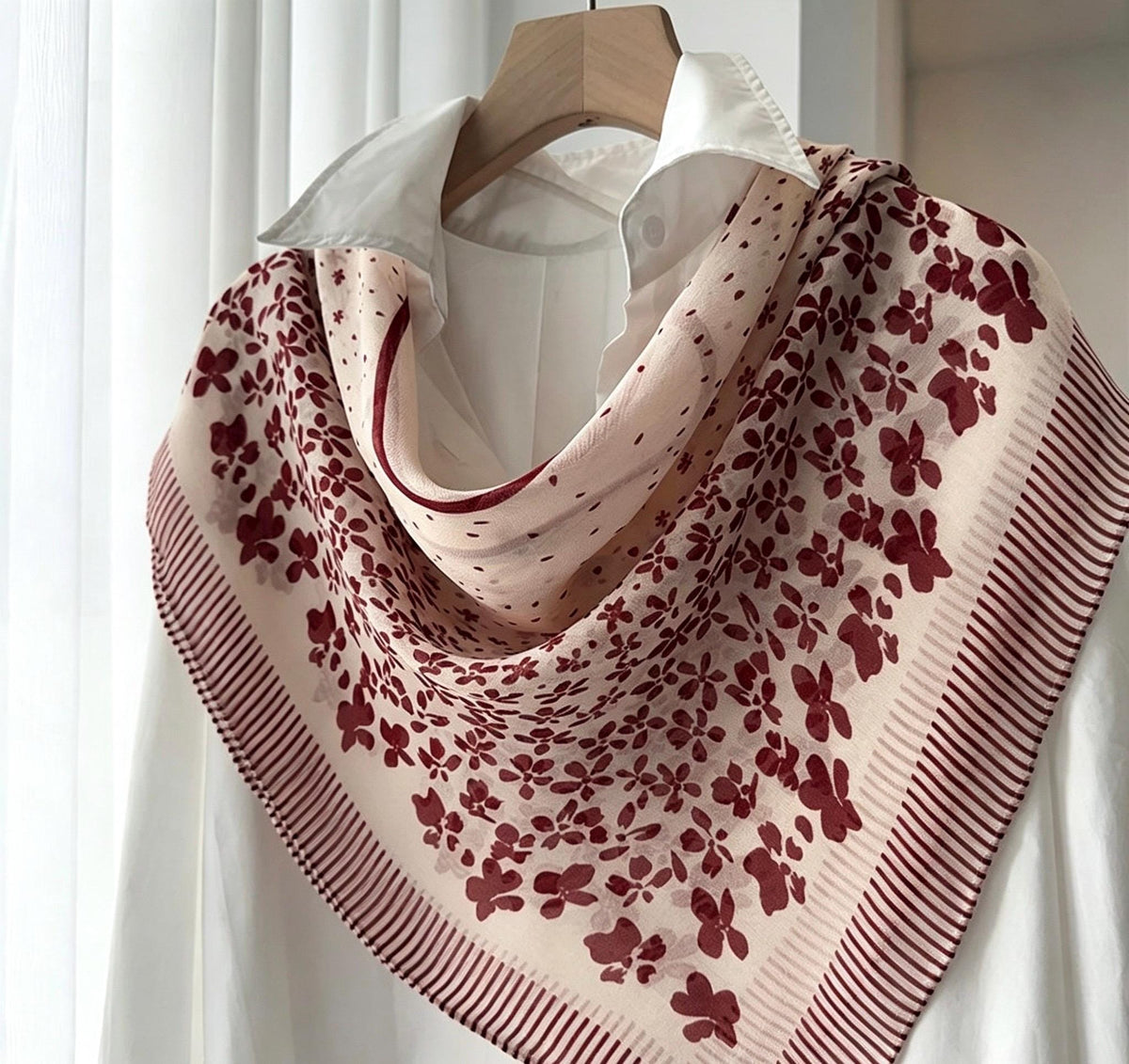 100% Mulberry Silk Scarf 25" 41" 65cm 105cm, Elegant Camellia Sheer Silk Neckerchief, Vintage Spring Summer Floral Shawl Hair Scarf Gift