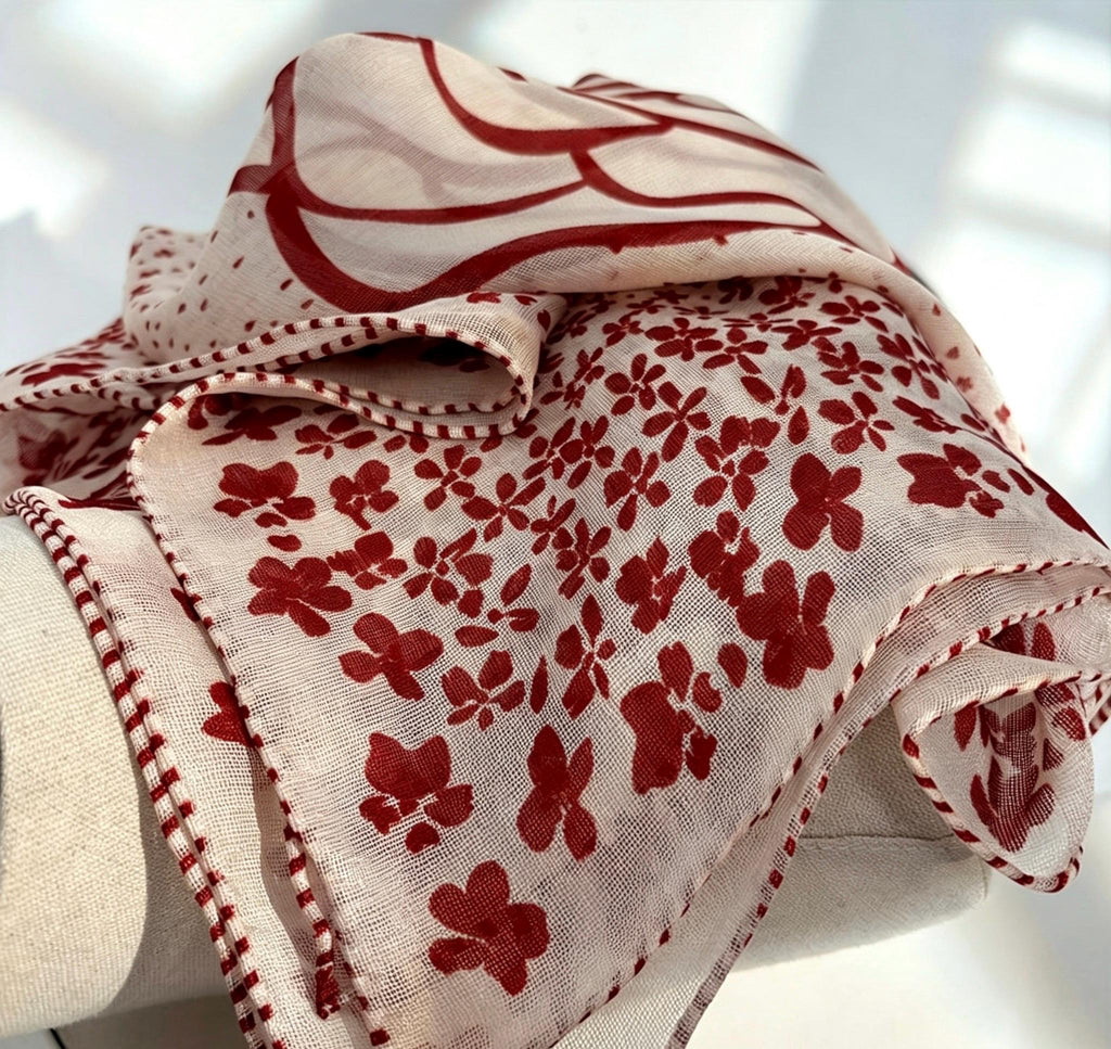 100% Mulberry Silk Scarf 25" 41" 65cm 105cm, Elegant Camellia Sheer Silk Neckerchief, Vintage Spring Summer Floral Shawl Hair Scarf Gift