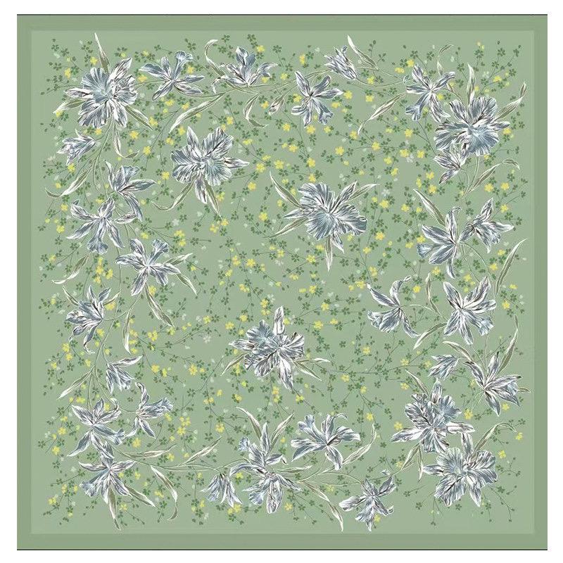 100% Mulberry Silk Scarf 26"x26" 65x65cm, Mint Green Floral Silk Square Hair Scarf, Summer Crepe de Chine Neck Scarf, Quiet Luxury Gift