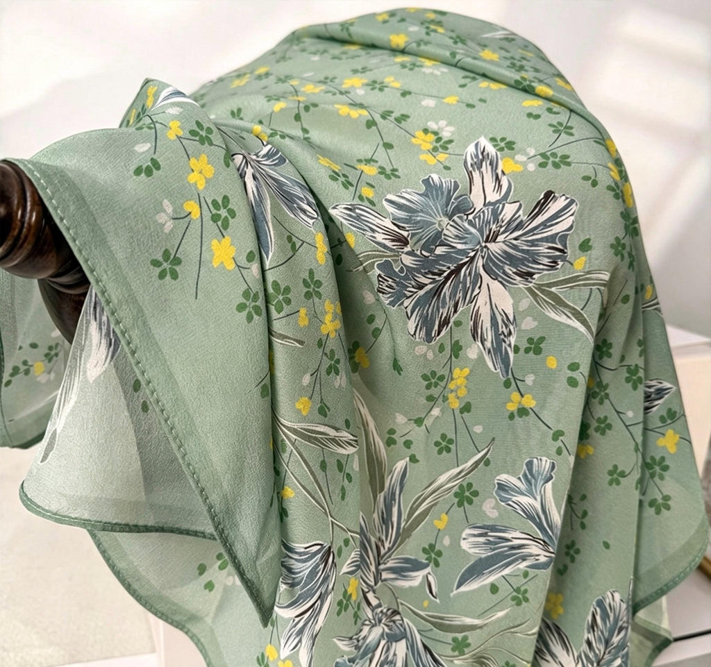 100% Mulberry Silk Scarf 26"x26" 65x65cm, Mint Green Floral Silk Square Hair Scarf, Summer Crepe de Chine Neck Scarf, Quiet Luxury Gift
