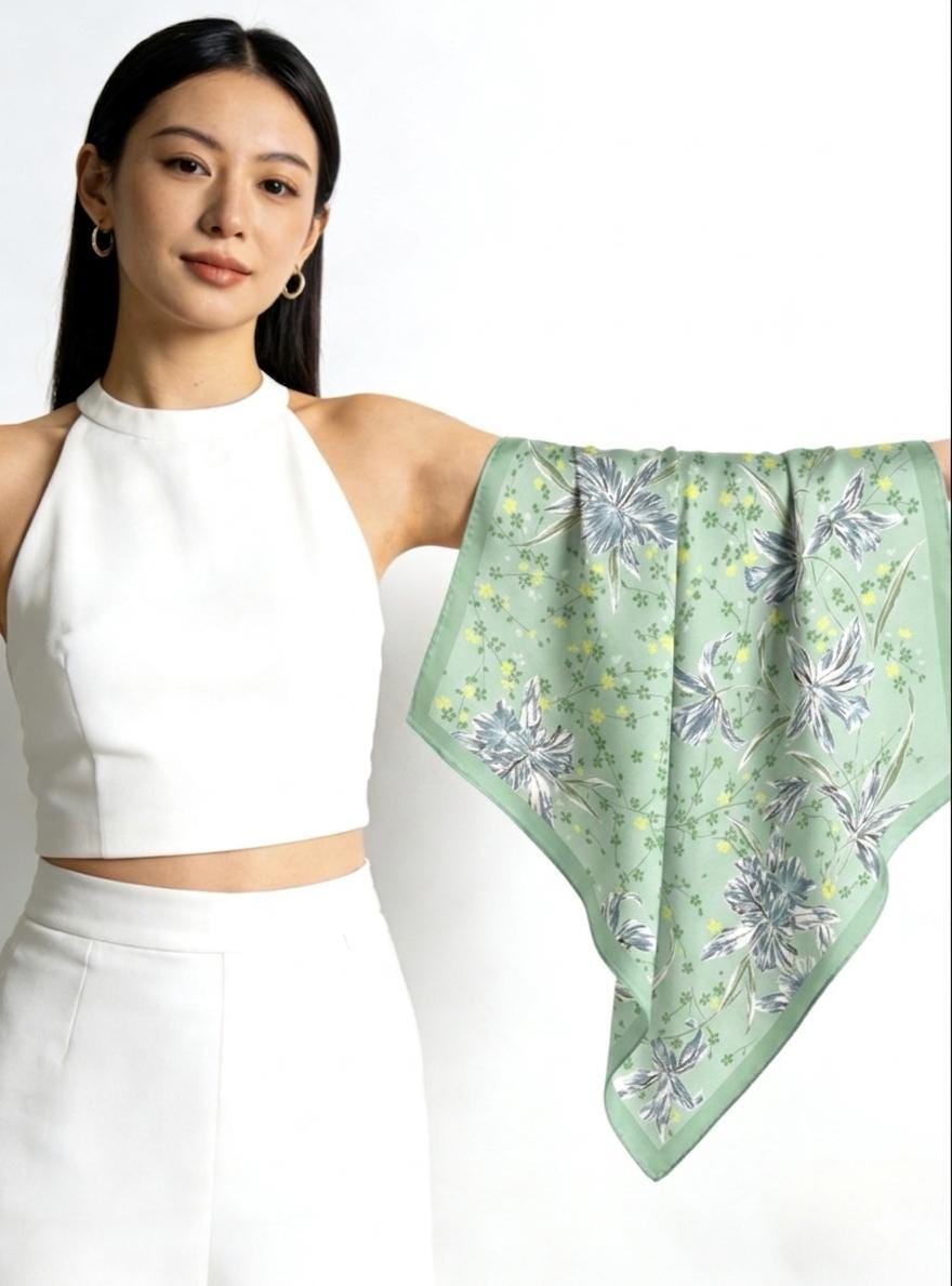 100% Mulberry Silk Scarf 26"x26" 65x65cm, Mint Green Floral Silk Square Hair Scarf, Summer Crepe de Chine Neck Scarf, Quiet Luxury Gift