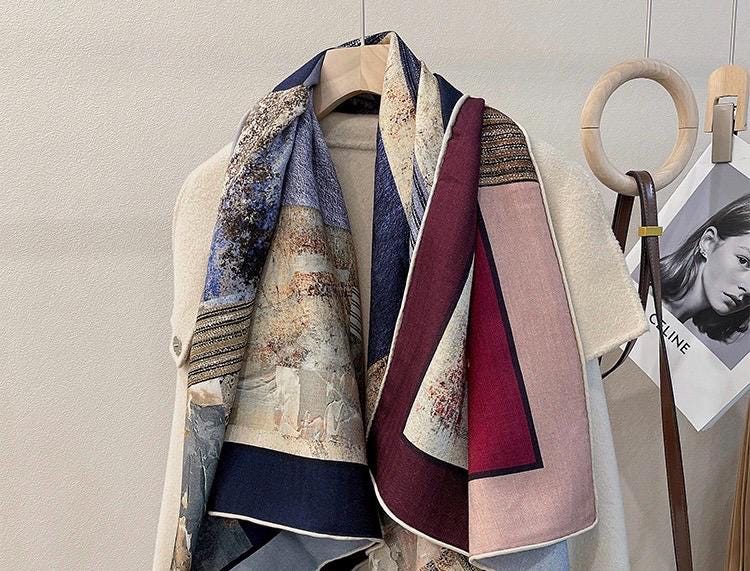 Silk Wool Scarf 53"x53" 135x135cm Reversible Herringbone Shawl Large Autumn Winter Wrap Elegant Luxury Gradient Art Gift