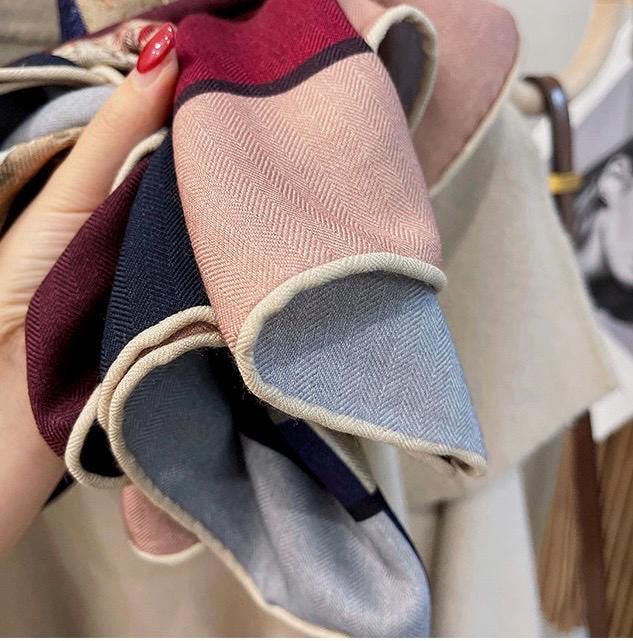 Silk Wool Scarf 53"x53" 135x135cm Reversible Herringbone Shawl Large Autumn Winter Wrap Elegant Luxury Gradient Art Gift