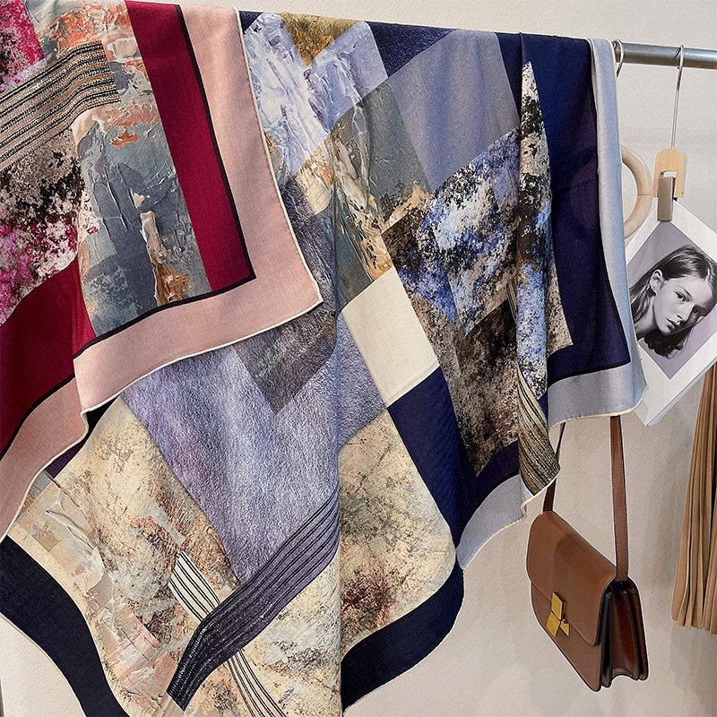 Silk Wool Scarf 53"x53" 135x135cm Reversible Herringbone Shawl Large Autumn Winter Wrap Elegant Luxury Gradient Art Gift