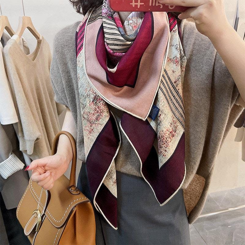 Silk Wool Scarf 53"x53" 135x135cm Reversible Herringbone Shawl Large Autumn Winter Wrap Elegant Luxury Gradient Art Gift