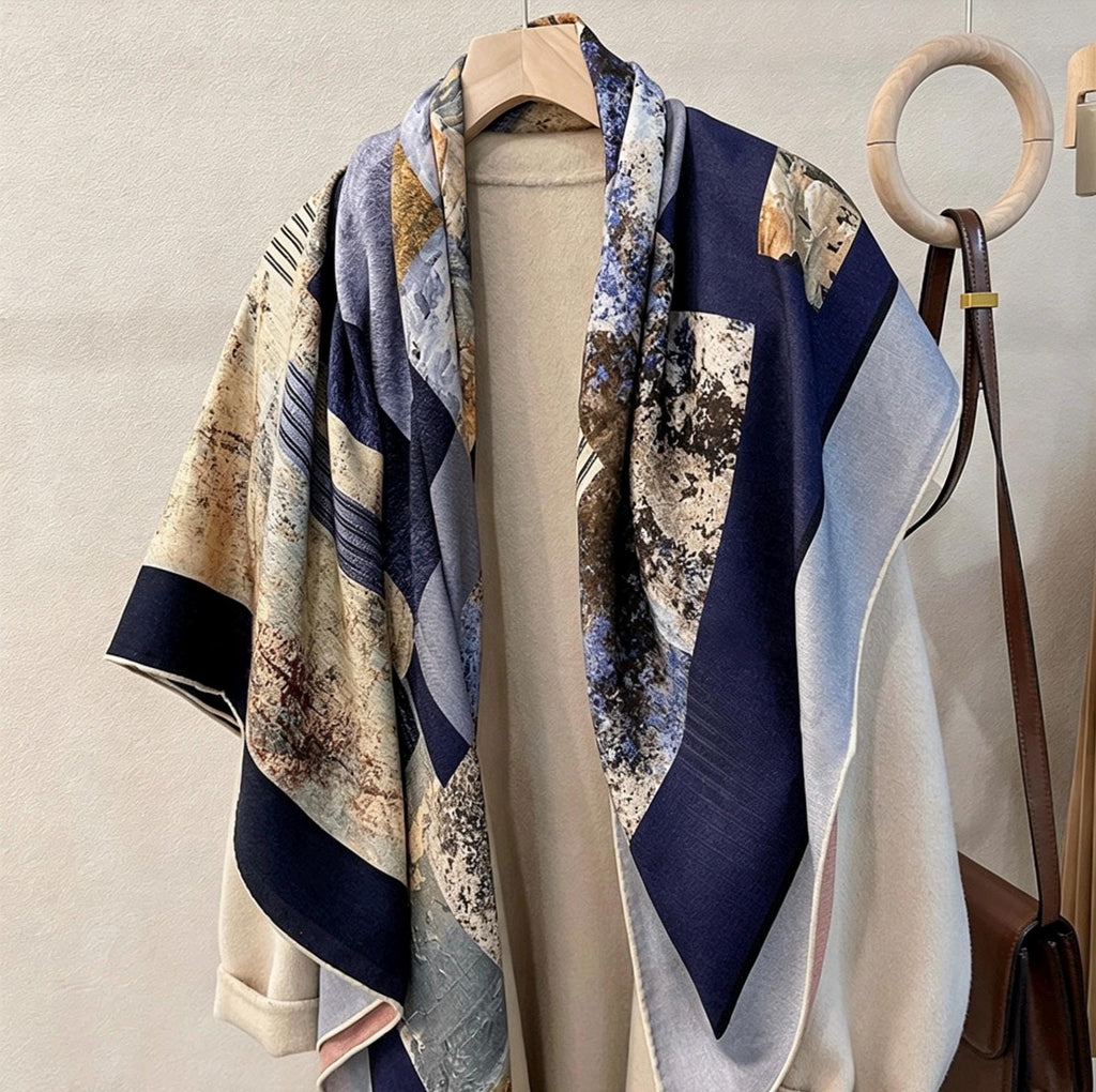 Silk Wool Scarf 53"x53" 135x135cm Reversible Herringbone Shawl Large Autumn Winter Wrap Elegant Luxury Gradient Art Gift