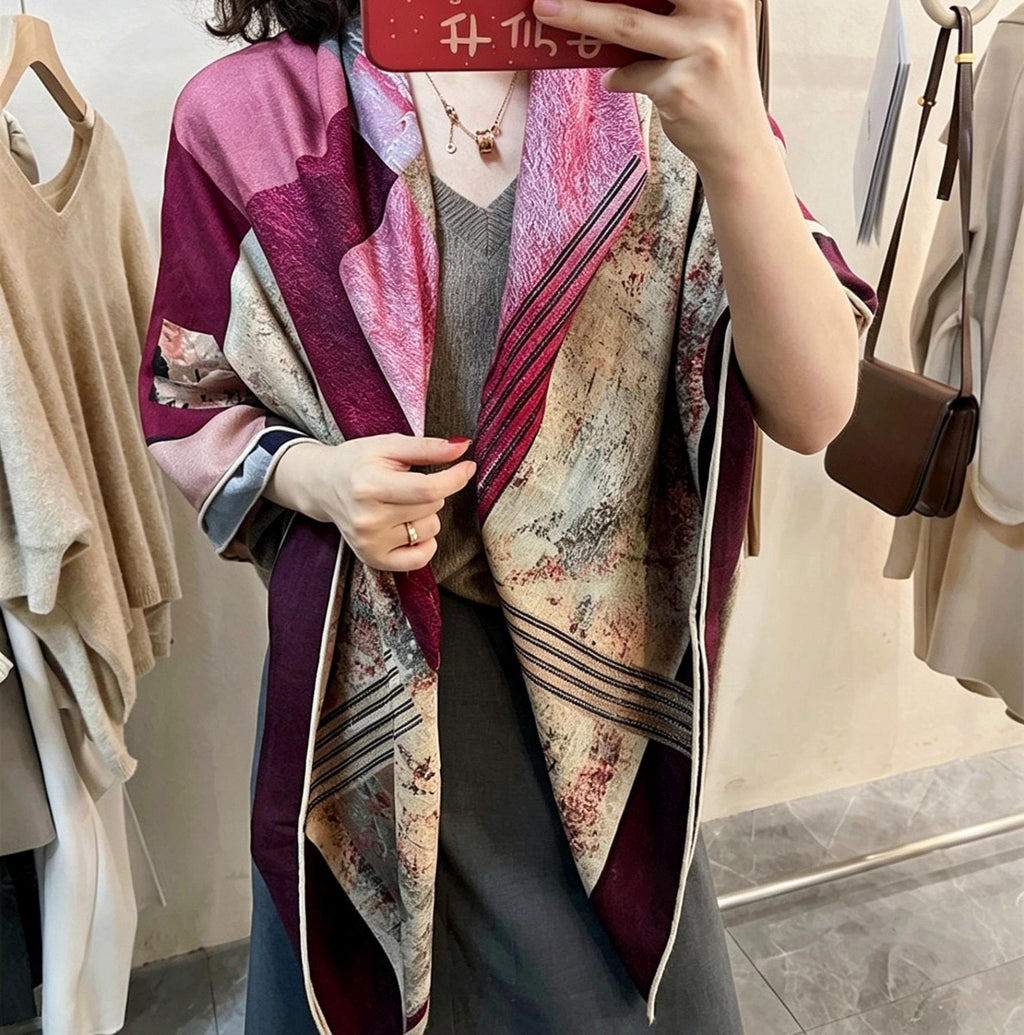 Silk Wool Scarf 53"x53" 135x135cm Reversible Herringbone Shawl Large Autumn Winter Wrap Elegant Luxury Gradient Art Gift