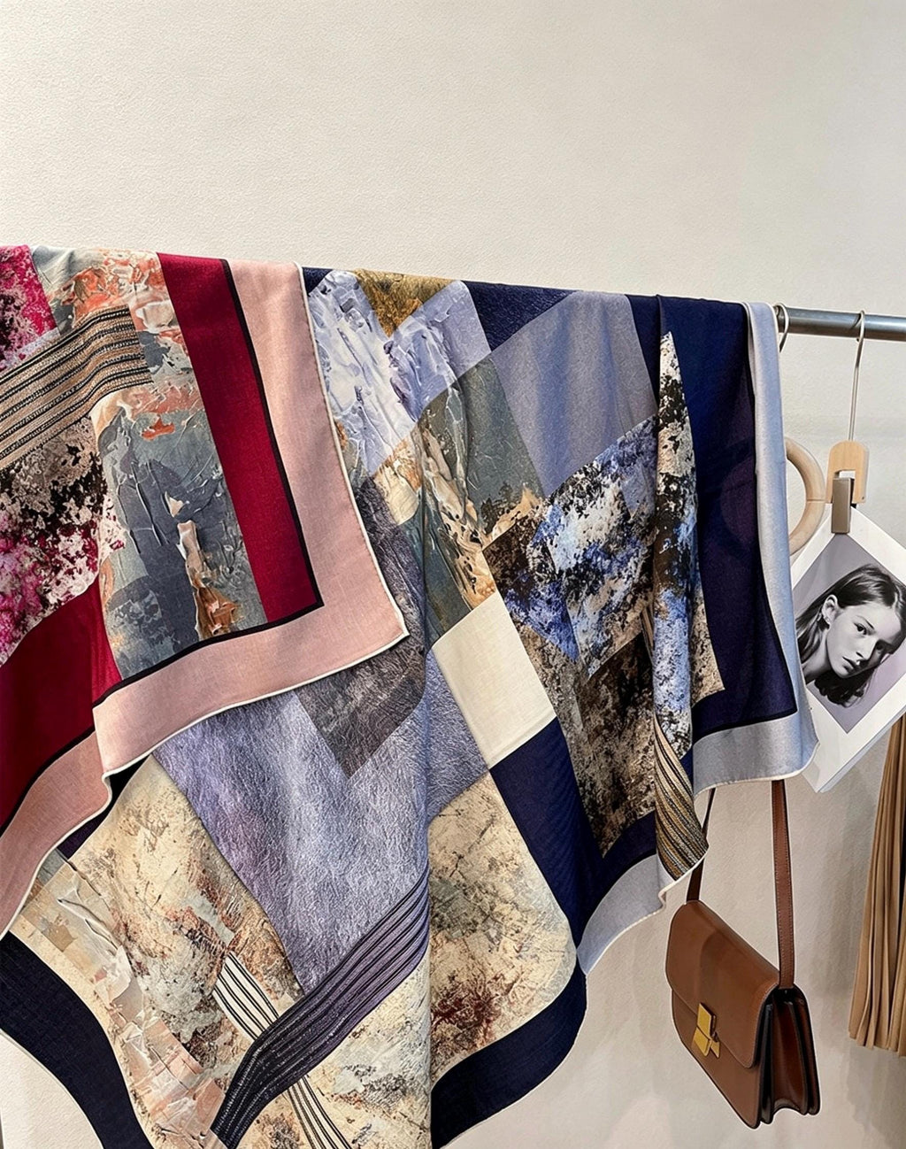 Silk Wool Scarf 53"x53" 135x135cm Reversible Herringbone Shawl Large Autumn Winter Wrap Elegant Luxury Gradient Art Gift