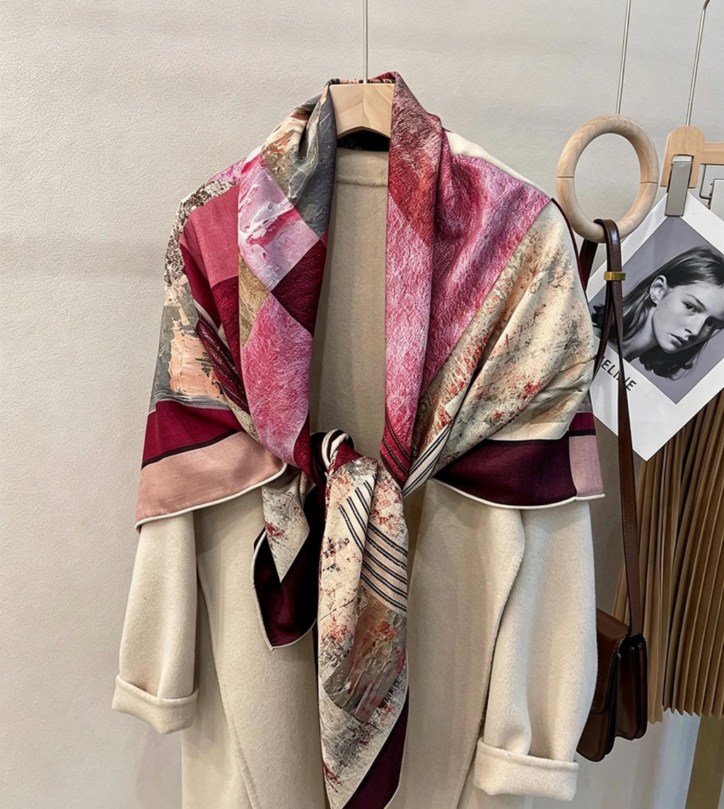 Silk Wool Scarf 53"x53" 135x135cm Reversible Herringbone Shawl Large Autumn Winter Wrap Elegant Luxury Gradient Art Gift