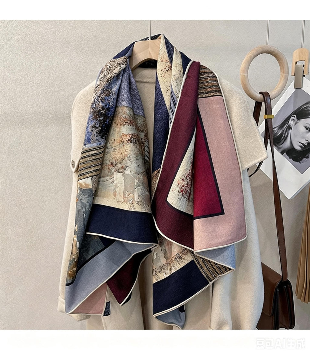 Silk Wool Scarf 53"x53" 135x135cm Reversible Herringbone Shawl Large Autumn Winter Wrap Elegant Luxury Gradient Art Gift