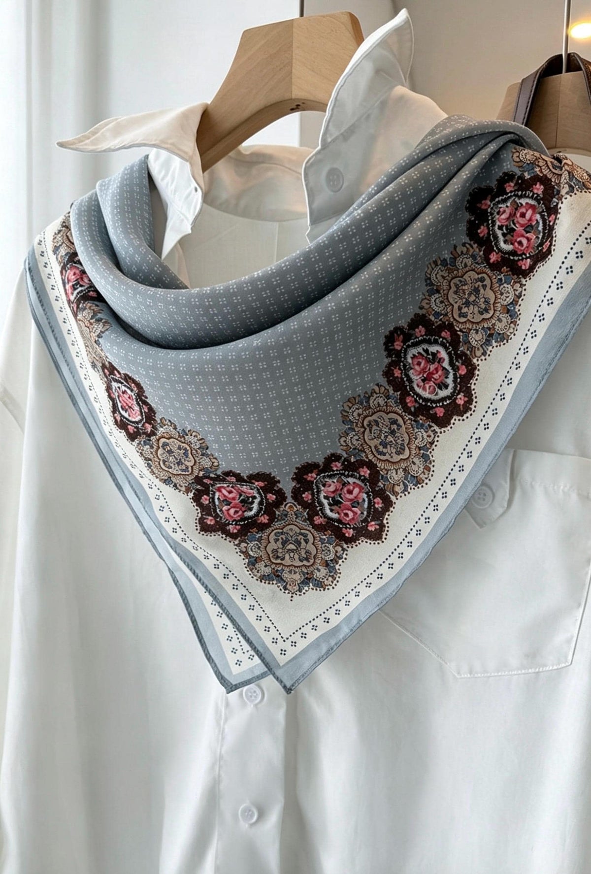 100% Mulberry Silk Scarf 26"x26" 65x65cm, French Countryside Blue Gray Silk Crepe De Chine Square Scarf for Women, Vintage Neck Head Scarf