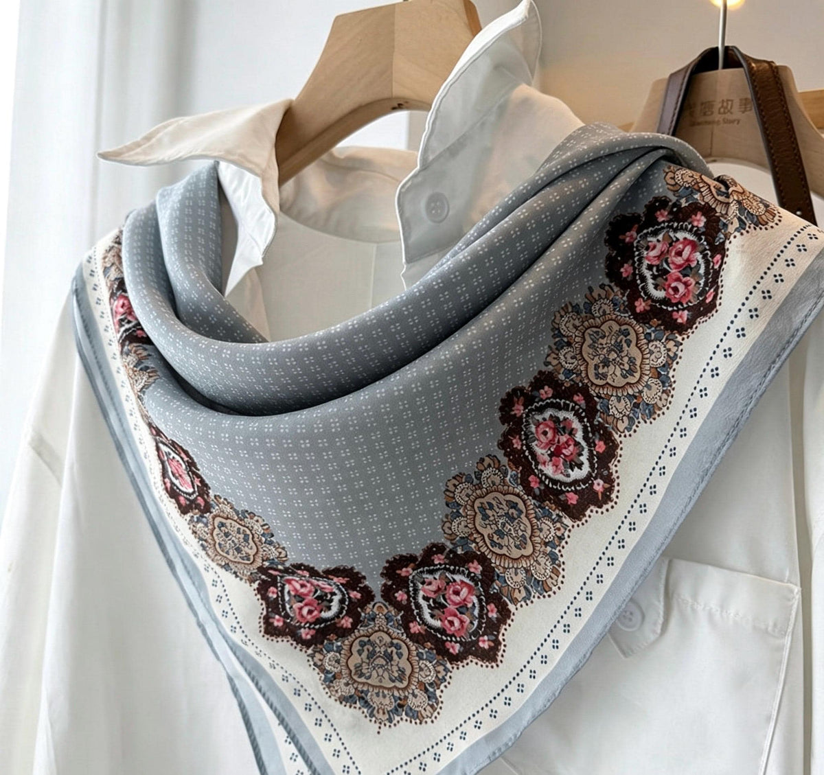 100% Mulberry Silk Scarf 26"x26" 65x65cm, French Countryside Blue Gray Silk Crepe De Chine Square Scarf for Women, Vintage Neck Head Scarf