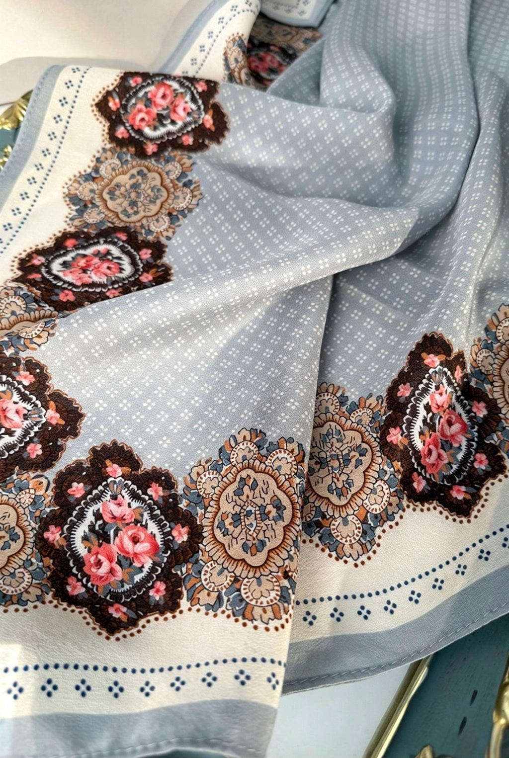 100% Mulberry Silk Scarf 26"x26" 65x65cm, French Countryside Blue Gray Silk Crepe De Chine Square Scarf for Women, Vintage Neck Head Scarf