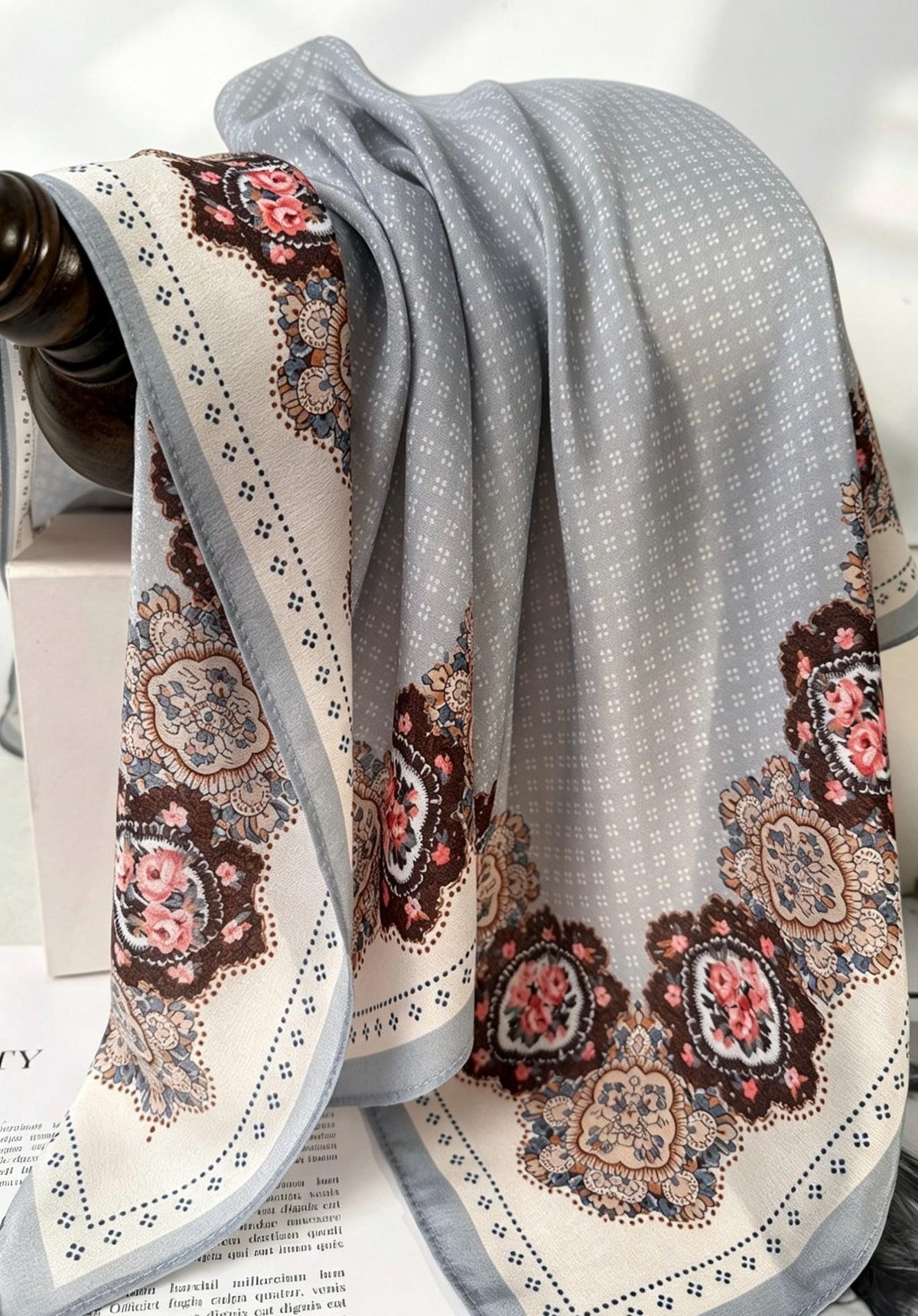 100% Mulberry Silk Scarf 26"x26" 65x65cm, French Countryside Blue Gray Silk Crepe De Chine Square Scarf for Women, Vintage Neck Head Scarf