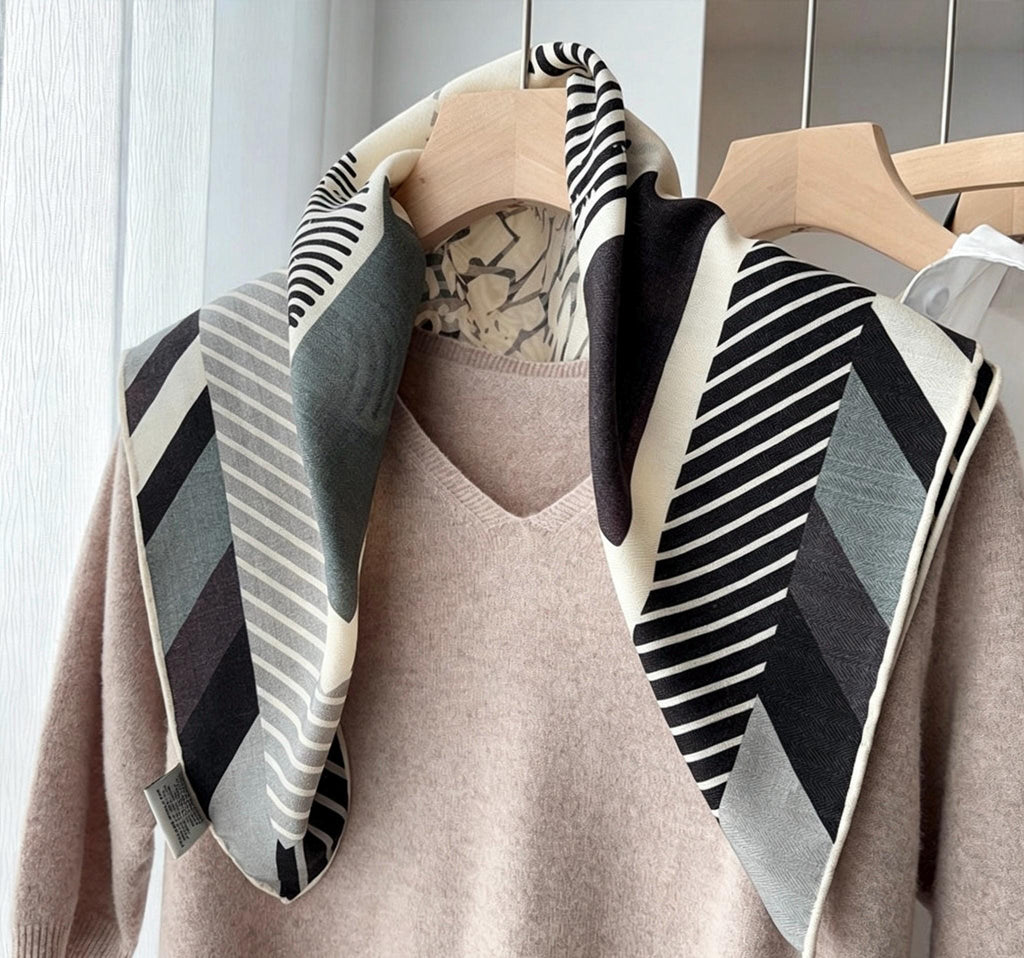 Silk Wool Scarf 26"x26" 65x65cm, Reversible Double Sided Square Neckerchief for Women, Retro Vintage Luxury Wool Silk Shawl, Time Space Gift