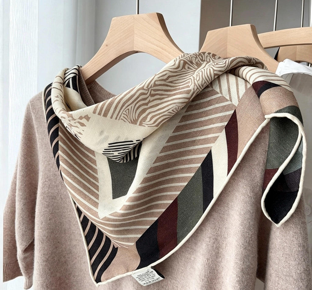 Silk Wool Scarf 26"x26" 65x65cm, Reversible Double Sided Square Neckerchief for Women, Retro Vintage Luxury Wool Silk Shawl, Time Space Gift