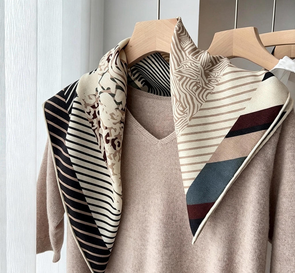 Silk Wool Scarf 26"x26" 65x65cm, Reversible Double Sided Square Neckerchief for Women, Retro Vintage Luxury Wool Silk Shawl, Time Space Gift
