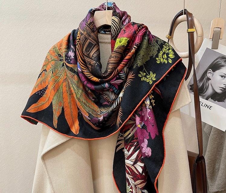 100% Silk Wool Scarf 53"x53" 135x135cm Sintra Garden Large Square Shawl Winter Warm Wrap Luxury AC Office Wrap Scarf Stole Gift for Her