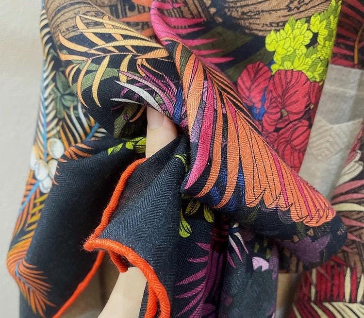 100% Silk Wool Scarf 53"x53" 135x135cm Sintra Garden Large Square Shawl Winter Warm Wrap Luxury AC Office Wrap Scarf Stole Gift for Her