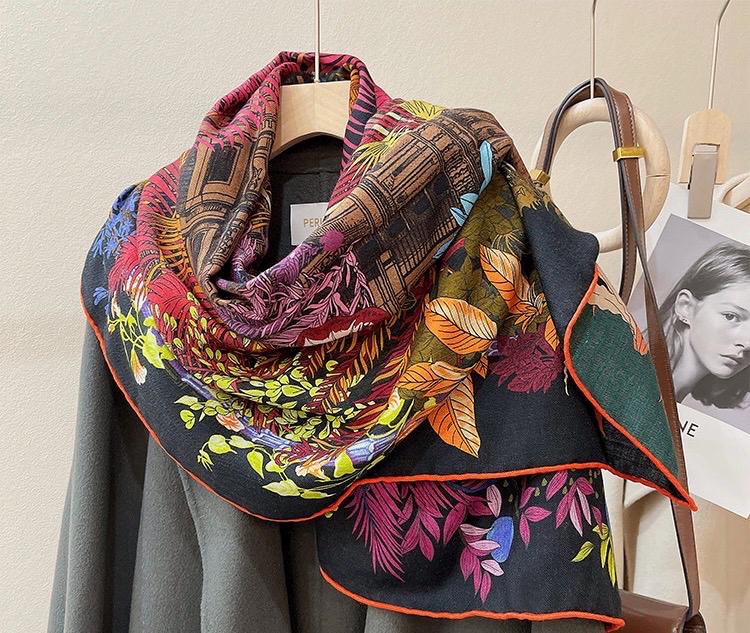 100% Silk Wool Scarf 53"x53" 135x135cm Sintra Garden Large Square Shawl Winter Warm Wrap Luxury AC Office Wrap Scarf Stole Gift for Her