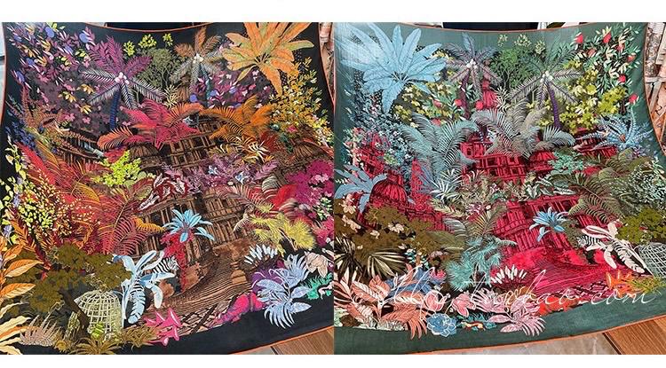 100% Silk Wool Scarf 53"x53" 135x135cm Sintra Garden Large Square Shawl Winter Warm Wrap Luxury AC Office Wrap Scarf Stole Gift for Her