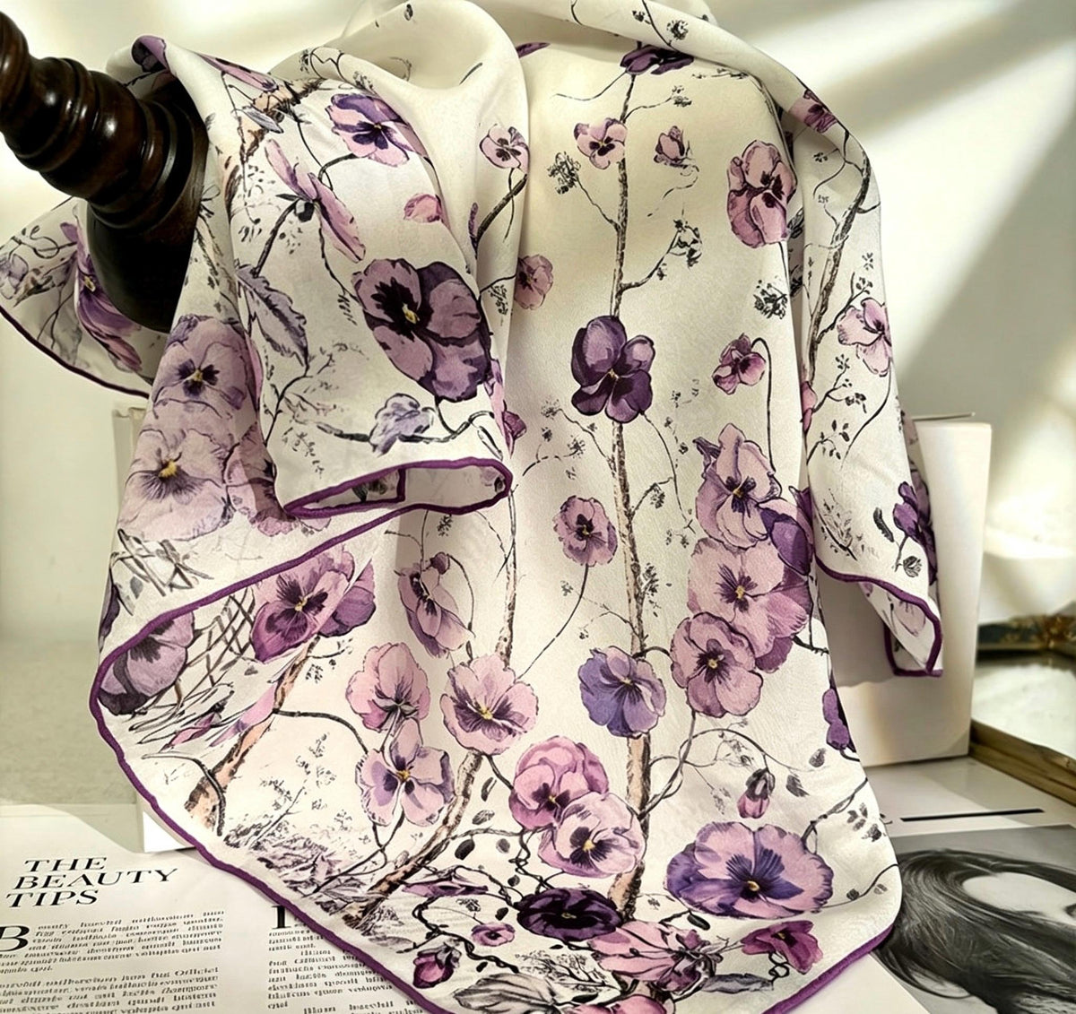 100% Silk Scarf 27"x27" 68x68cm Alice Flora Goddess Square Scarf Elegant Pastel Garden Georgette Mulberry Silk Bandana Neckerchief Gift