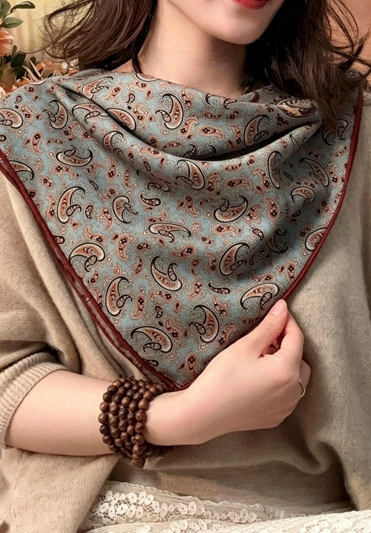 100% Mulberry Silk Blend Scarf 27"x27" 68x68cm, Luxury Silk Wool Square Shawl, Double Sided Reversible Wrap, Elegant Autumn Spring Scarf