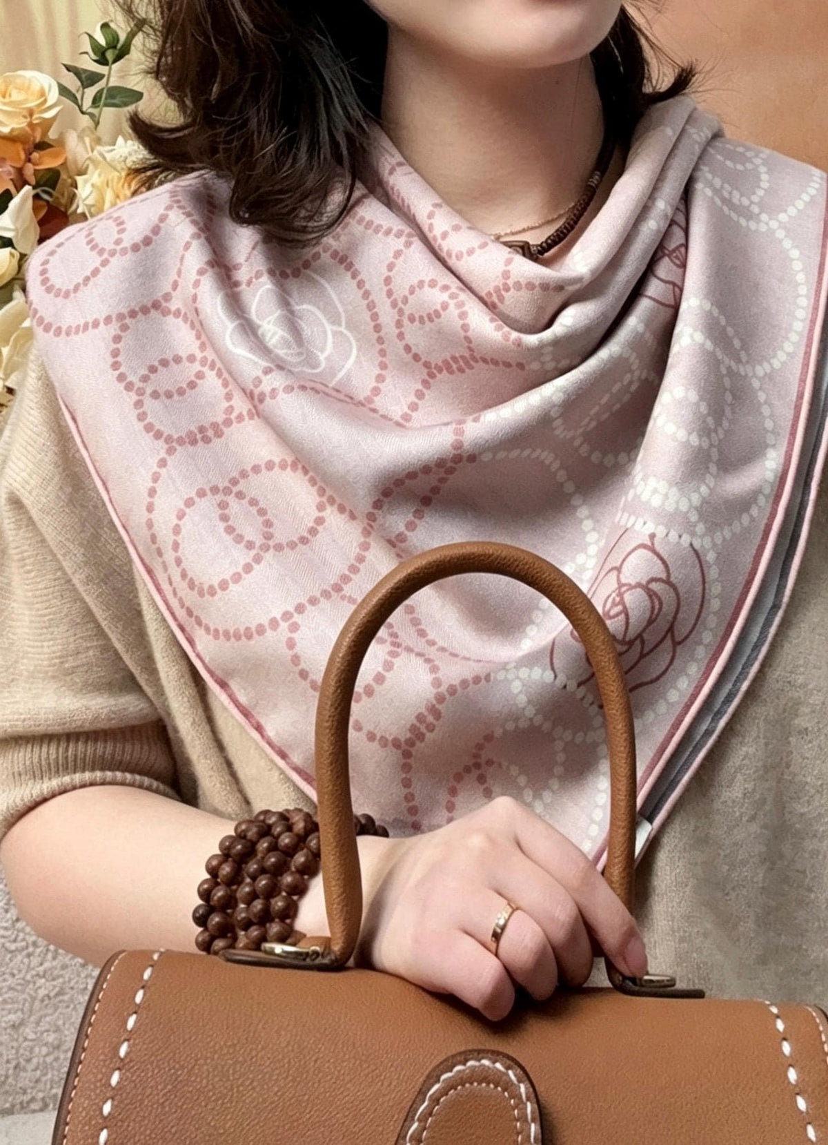 100% Mulberry Silk Scarf 35"x35" 88x88cm, Pink Camellia Silk Wool Blend Square Shawl, Luxury Double Sided Winter Wrap