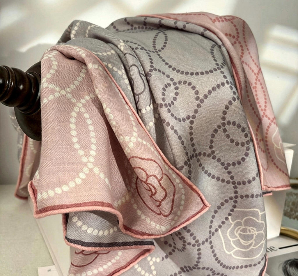 100% Mulberry Silk Scarf 35"x35" 88x88cm, Pink Camellia Silk Wool Blend Square Shawl, Luxury Double Sided Winter Wrap