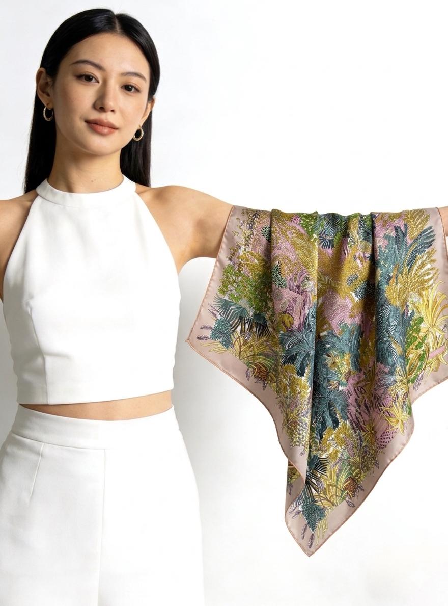 100% Mulberry Silk Scarf 35"x35" 90x90cm Gentle Milk Tea Beige Square Shawl Sun Protection Elegant Winter Warm Head Wrap Gift for Women