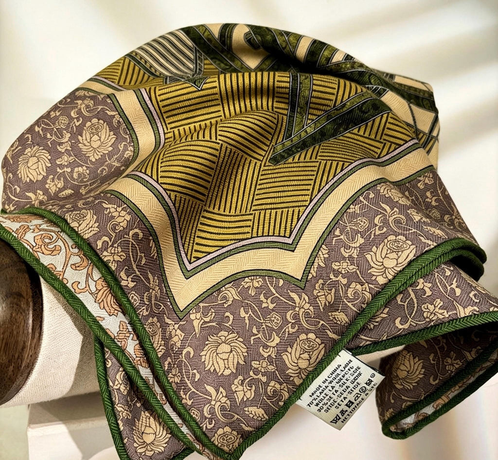 Silk Wool Blend Scarf 27"x27" 68x68cm, Vintage Emerald Green Luxury Silk Wool Blend Square Bandana, Elegant Spring Shawl Neck Warmer
