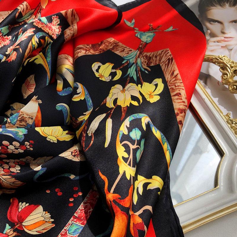 100% Mulberry Silk Scarf 43"x43" 110x110CM, Large Floral Square Shawl Chic Korean Satin Wrap Elegant Hangzhou Silk Headscarf Gift for Her