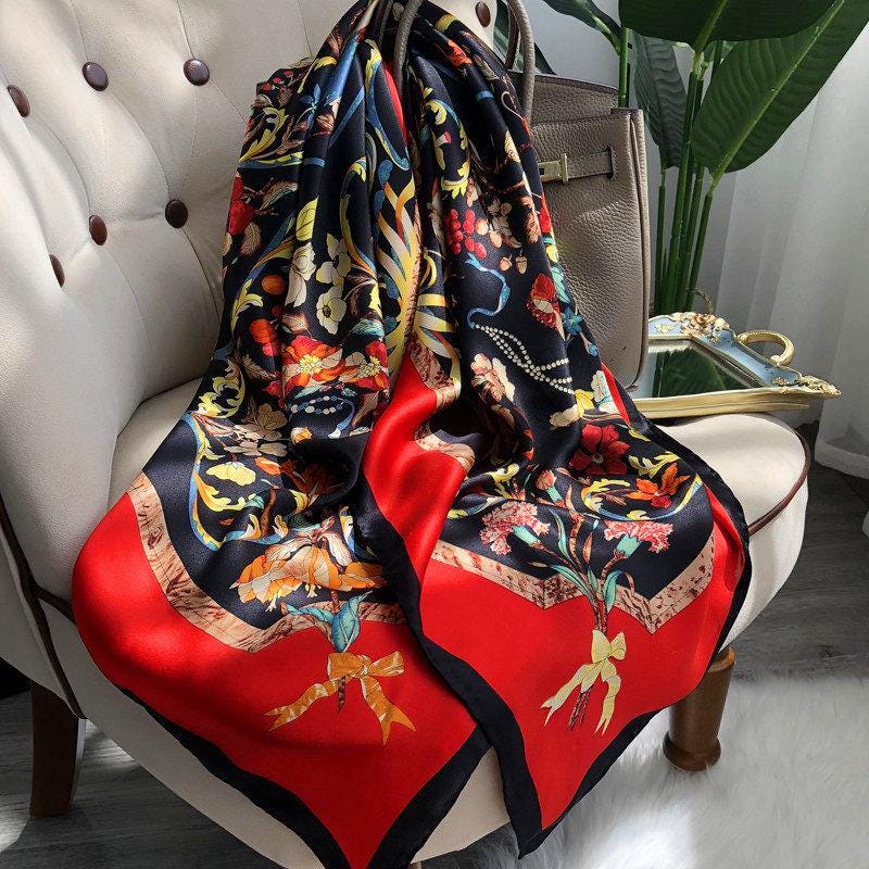 100% Mulberry Silk Scarf 43"x43" 110x110CM, Large Floral Square Shawl Chic Korean Satin Wrap Elegant Hangzhou Silk Headscarf Gift for Her