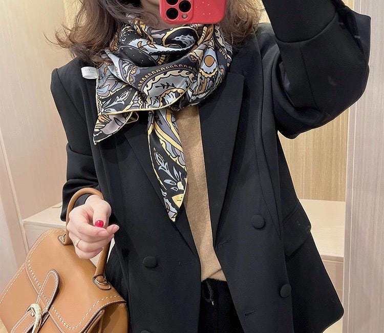 100% Mulberry Silk Scarf 43"x43" 110x110CM, Unique Visual Design Shawl Luxury Silk Satin Square Wrap Elegant Hangzhou Headscarf Gift for Her