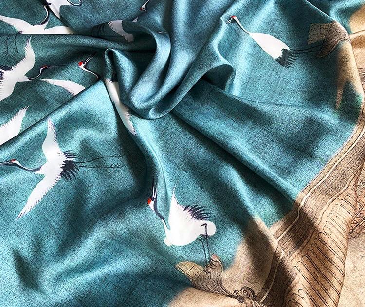 100% Mulberry Silk Scarf 43"x43" 110x110CM, Heavyweight 18mm Satin Shawl Sacred Crane Luxury Square Wrap Heirloom Gift Hangzhou Silk Art