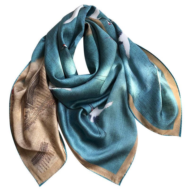 100% Mulberry Silk Scarf 43"x43" 110x110CM, Heavyweight 18mm Satin Shawl Sacred Crane Luxury Square Wrap Heirloom Gift Hangzhou Silk Art