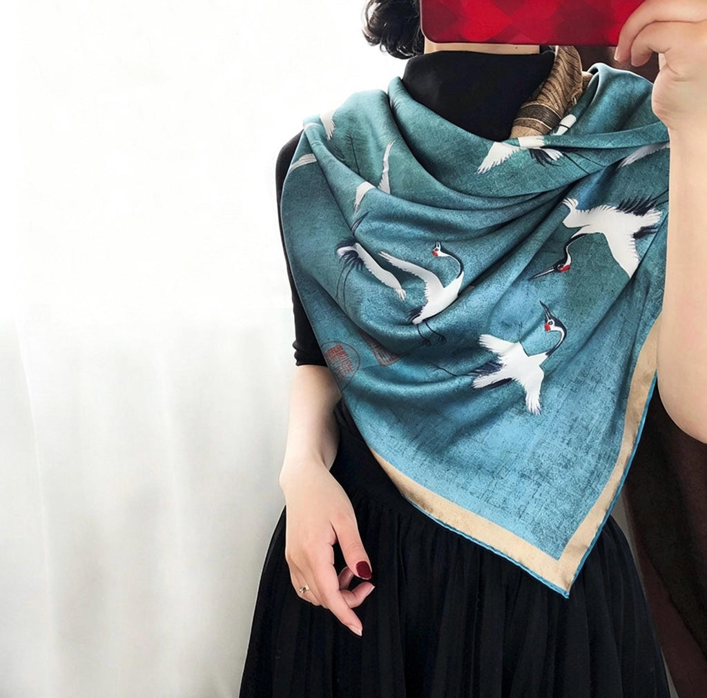100% Mulberry Silk Scarf 43"x43" 110x110CM, Heavyweight 18mm Satin Shawl Sacred Crane Luxury Square Wrap Heirloom Gift Hangzhou Silk Art