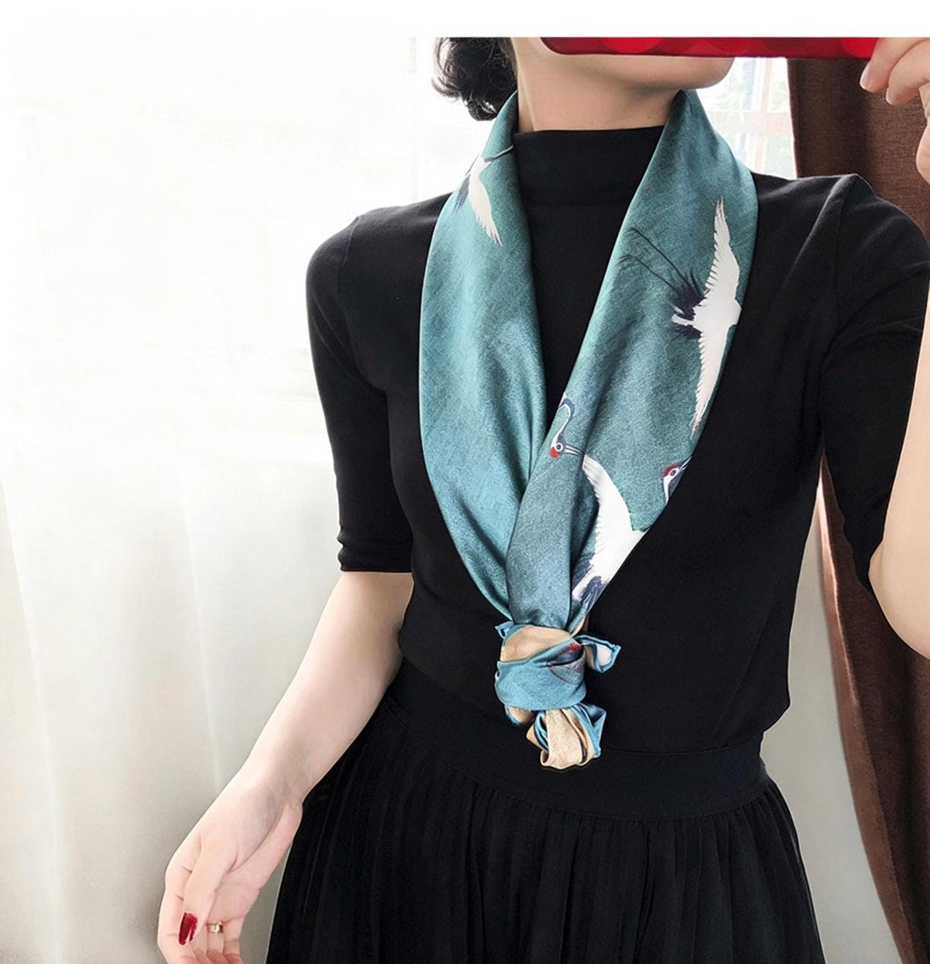 100% Mulberry Silk Scarf 43"x43" 110x110CM, Heavyweight 18mm Satin Shawl Sacred Crane Luxury Square Wrap Heirloom Gift Hangzhou Silk Art