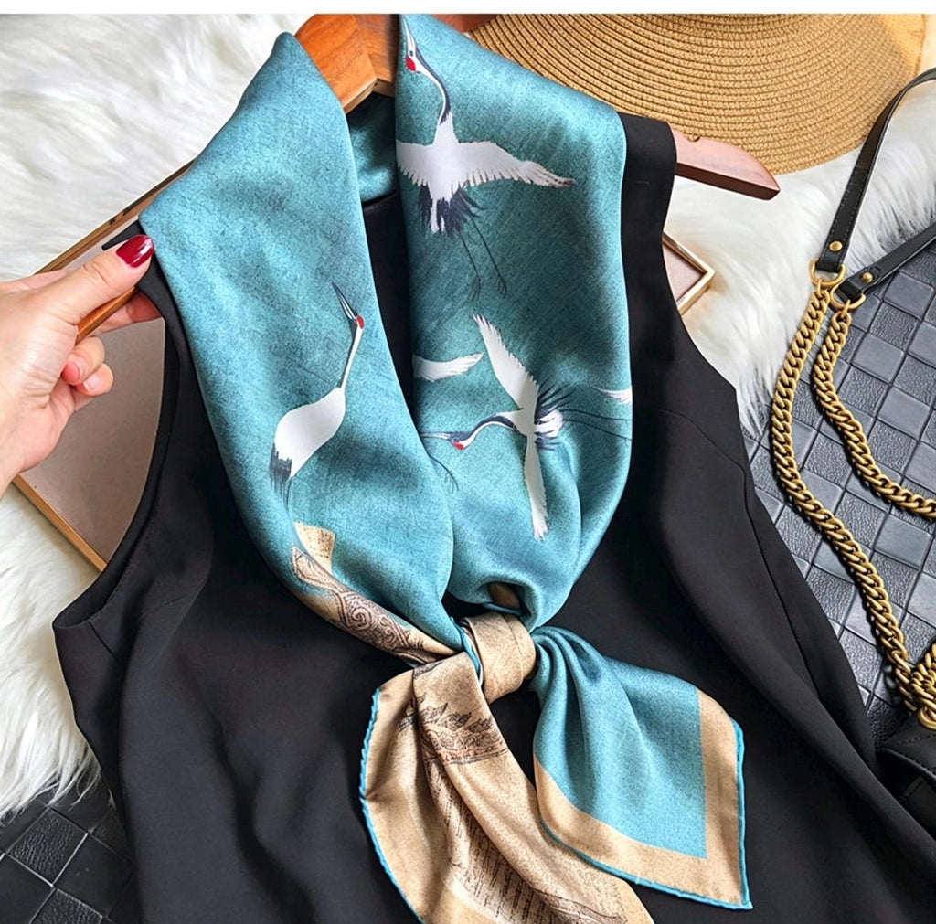 100% Mulberry Silk Scarf 43"x43" 110x110CM, Heavyweight 18mm Satin Shawl Sacred Crane Luxury Square Wrap Heirloom Gift Hangzhou Silk Art