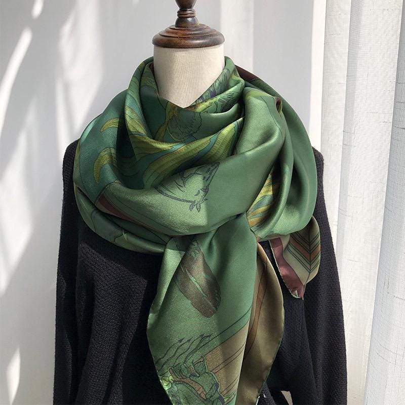 100% Silk Wool Scarf 53"x53" 135x135cm Sintra Garden Large Square Shawl Winter Warm Wrap Luxury AC Office Wrap Scarf Stole Gift for Her