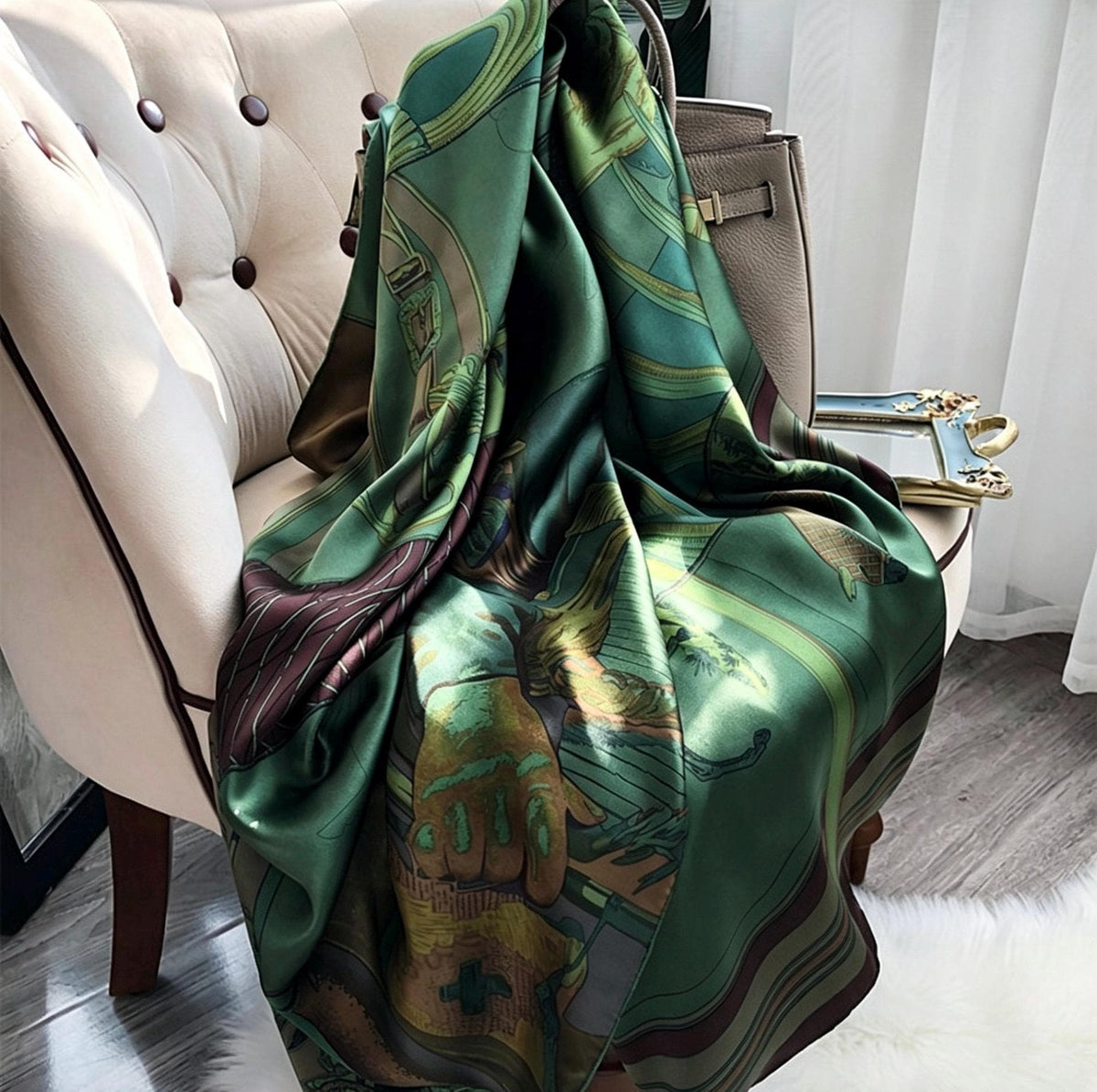 100% Silk Wool Scarf 53"x53" 135x135cm Sintra Garden Large Square Shawl Winter Warm Wrap Luxury AC Office Wrap Scarf Stole Gift for Her