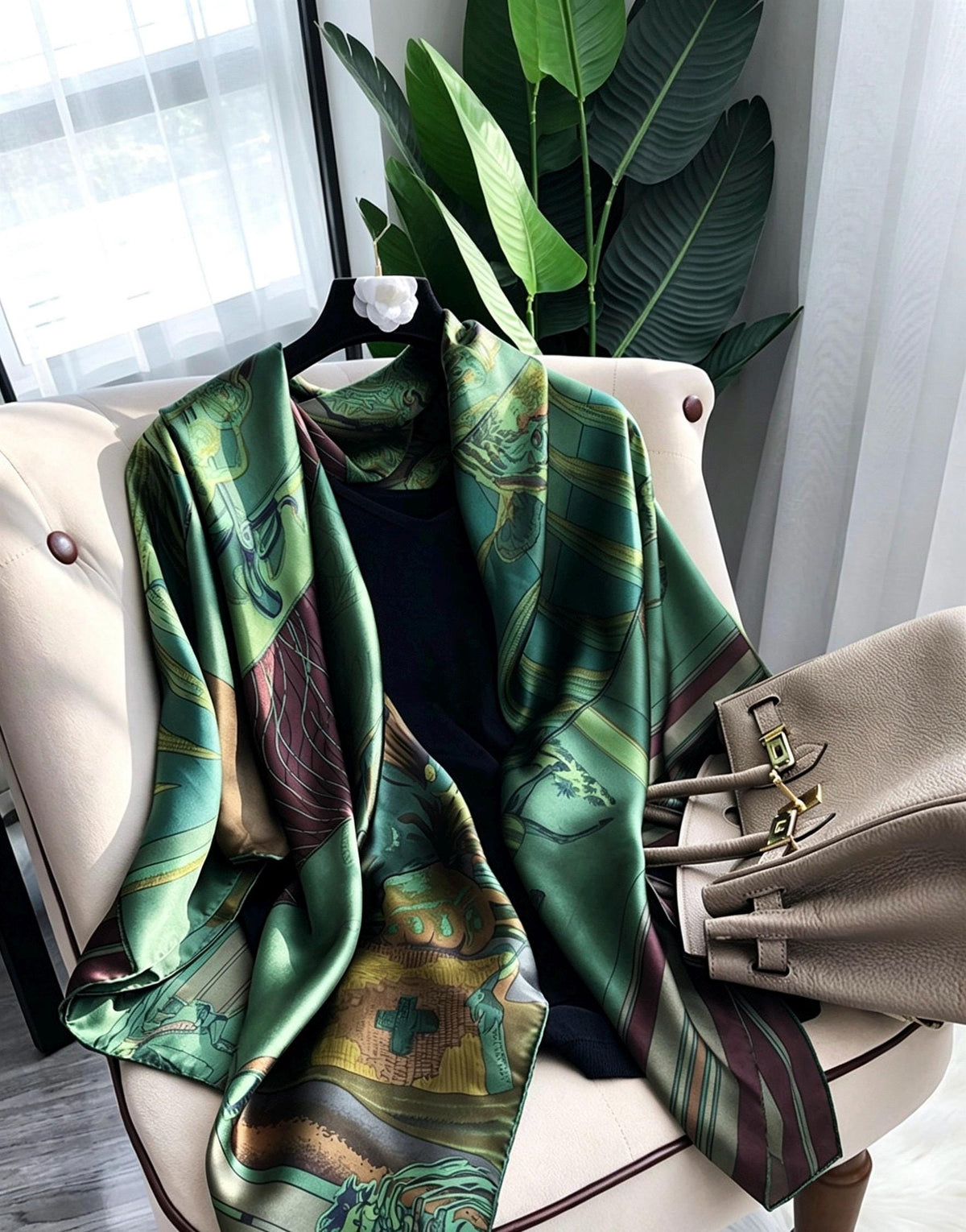 100% Silk Wool Scarf 53"x53" 135x135cm Sintra Garden Large Square Shawl Winter Warm Wrap Luxury AC Office Wrap Scarf Stole Gift for Her