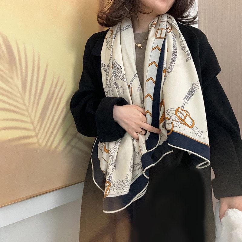 Silk Wool Scarf Shawl 53"x53" 135x135cm, Beige Equestrian Horse Scarf Large Square, Quiet Luxury Oversized Wrap, Warm Winter Shawl