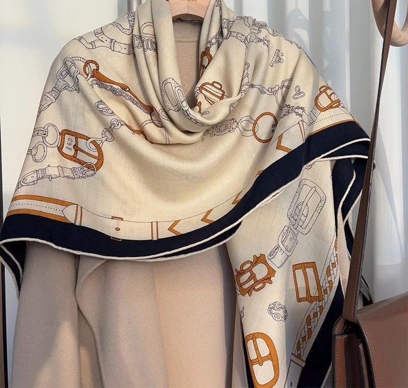 Silk Wool Scarf Shawl 53"x53" 135x135cm, Beige Equestrian Horse Scarf Large Square, Quiet Luxury Oversized Wrap, Warm Winter Shawl